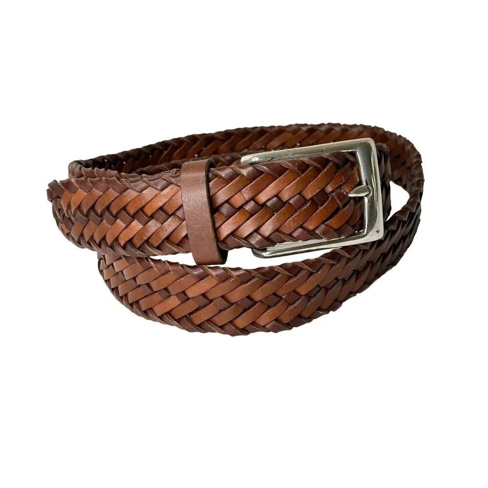 John W Nordstrom Dress Belt Mens 38 Brown Woven Leather Silver Brass Buckle - Picture 1 of 8